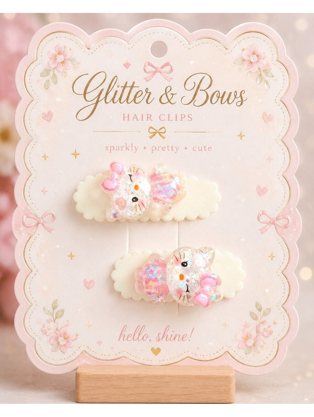 Sanrio Hello Kitty Pretty glitter & Bows Clips Barrettes Handmade New